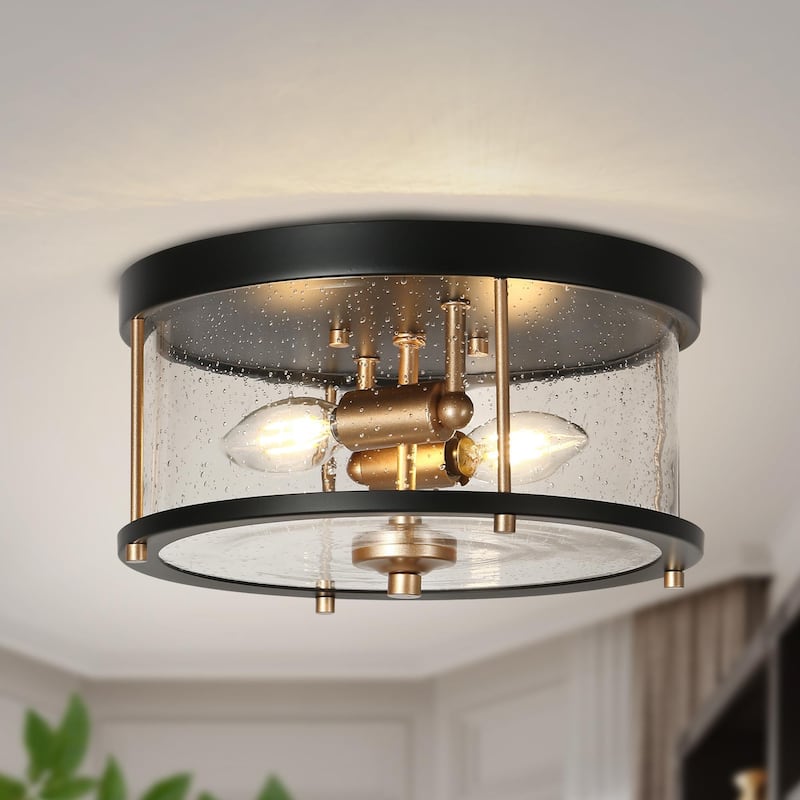 Modern Farmhouse 2-Light Drum Glass Flush Mount Chandelier Black Gold Ceiling Light - D 11" x H 6"