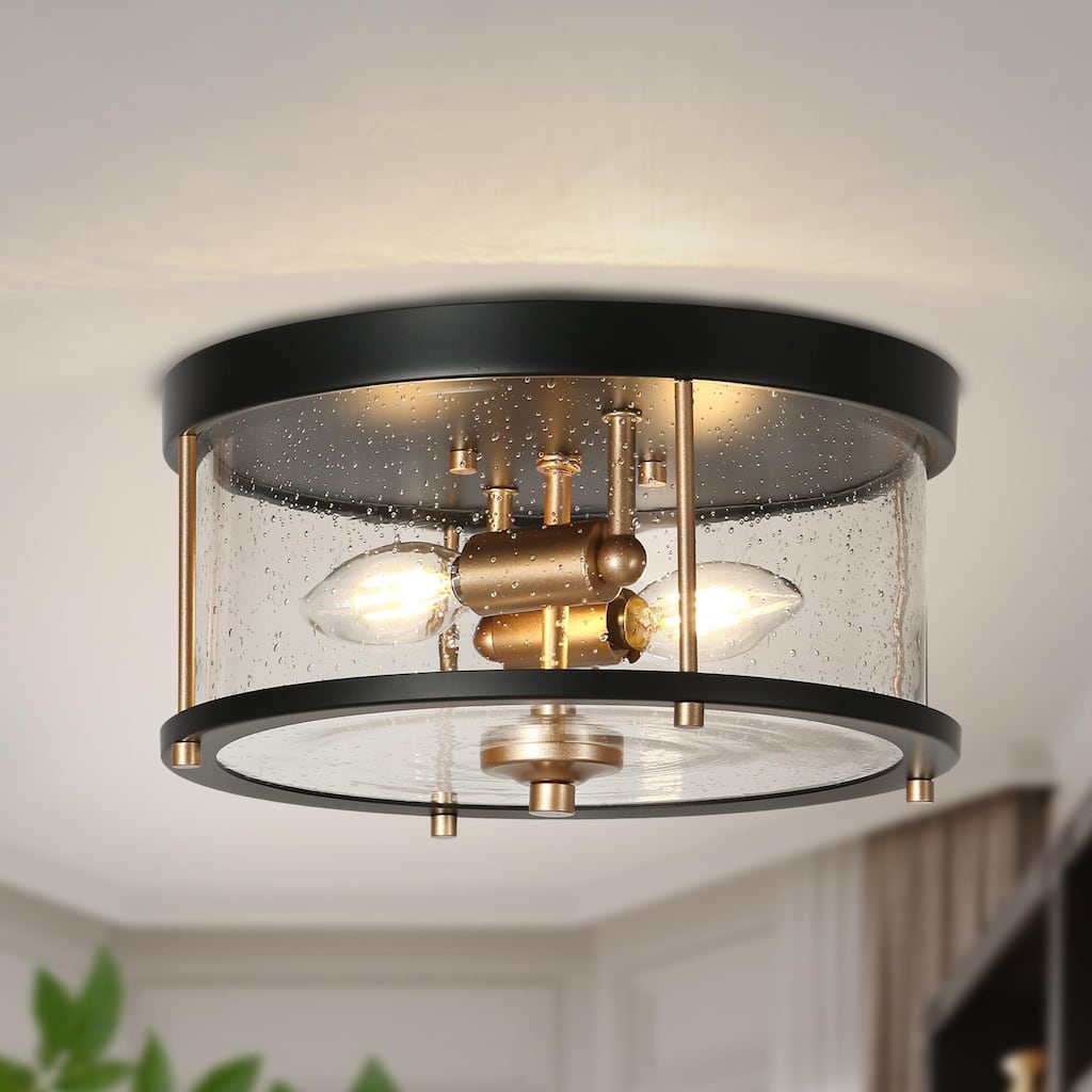Modern Farmhouse 2-Light Drum Glass Flush Mount Chandelier Black Gold Ceiling Light - D 11" x H 6"