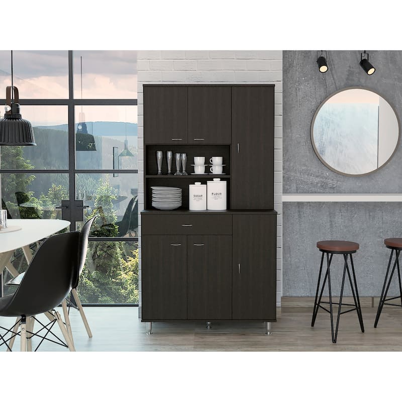 Kitchen Pantry Cabinet, Two Open Shelves, One Drawer, Multiple Cabinets