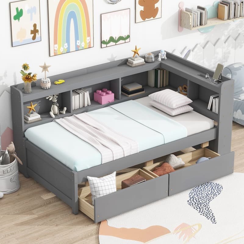 Twin Size L-shaped Bookcases Bed with Power Outlets, USB Charging Ports,Two Drawers