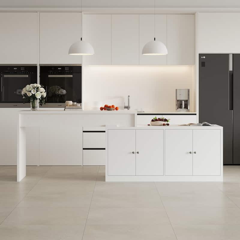 Modern Kitchen Island with Pull-Out Faux Marble Top, White Storage Cabinet with Large Capacity Shelves Kitchen Dining Table