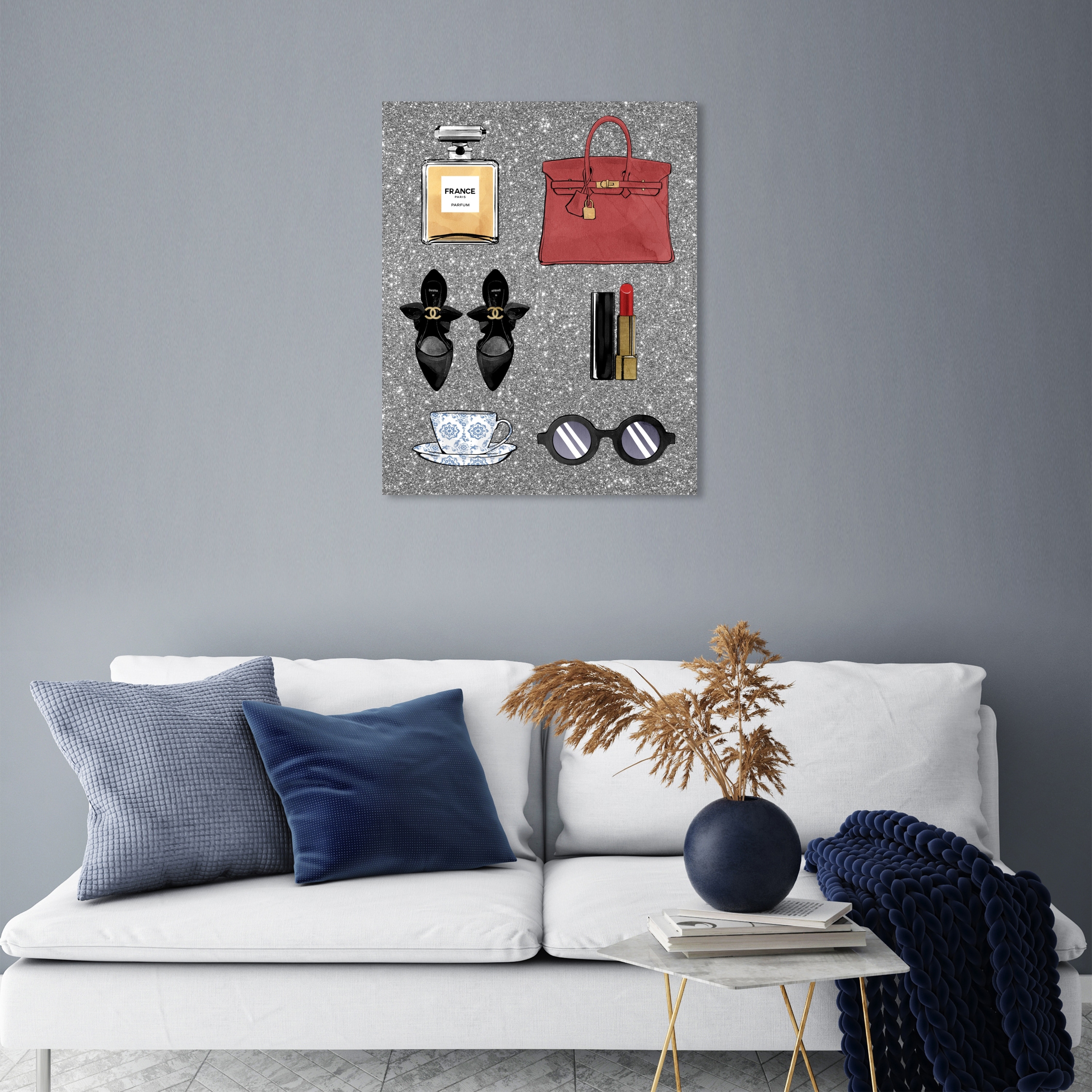 Oliver Gal 'Her Essentials Glitter' Fashion and Glam Wall Art Framed Canvas  Print Perfumes - Gray, Black - Bed Bath & Beyond - 32481059