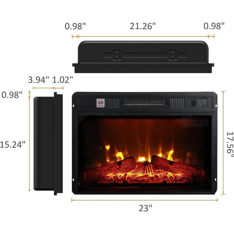23" Electric Fireplace,3DInfrared Fireplace Insert Heater,IR Remote Control,Glass View,Adjustable Realistic Logs & Flames,1400W
