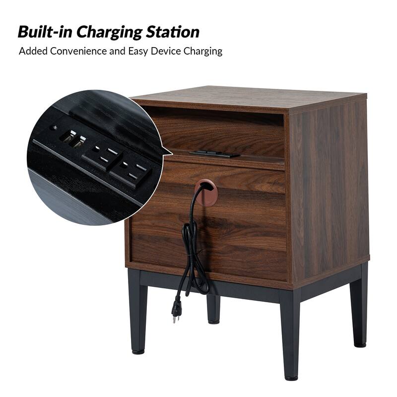 Apakah Modern 25"Tall 2-Drawer End Table with Charging Station and Adjustable Legs Set of 2 by HULALA HOME