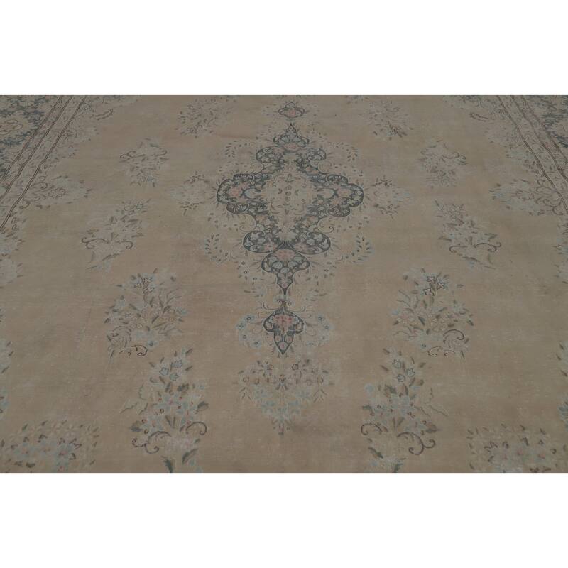 Hand Knotted Oriental 100% Wool Carpet Traditional Floral Beige & Ivories Kerman Area Rug - 14' 1'' X 10' 1''