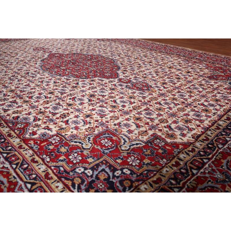 Ivory & Red Floral Kashan Turkish Area Rug Machine Made Carpet - 9'8" x 13'0"