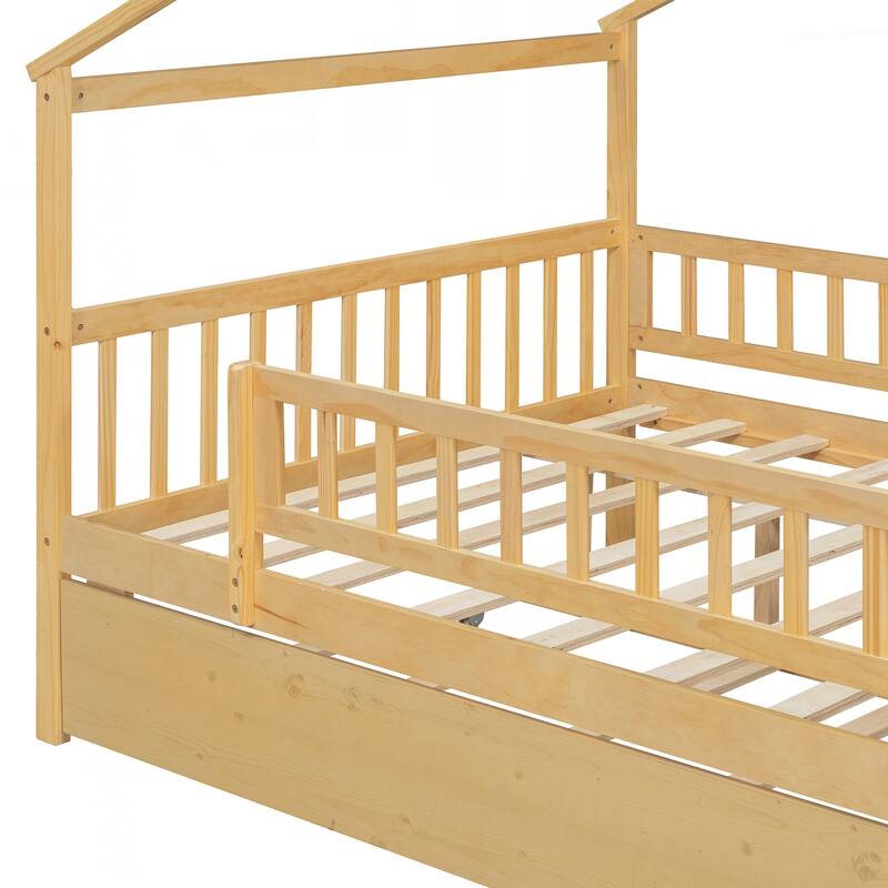 Full Size Wooden House Bed with Twin Size Trundle