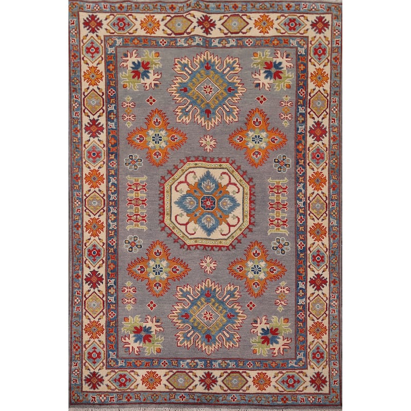 Gray Geometric Kazak Oriental Rug Living Room Handmade Wool Carpet - 4'9" x 6'9"