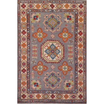 Gray Geometric Kazak Oriental Rug Living Room Handmade Wool Carpet - 4'9" x 6'9"