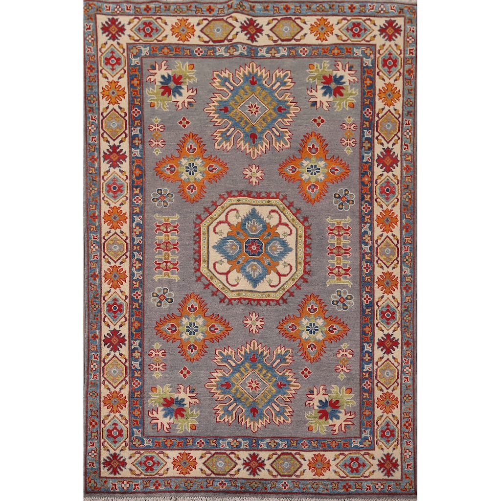 Gray Geometric Kazak Oriental Rug Living Room Handmade Wool Carpet - 4'9" x 6'9"