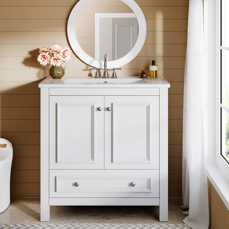 30 Inches Modern Bathroom Vanity Cabinet with Ceramic Basin & 1 Drawer - White