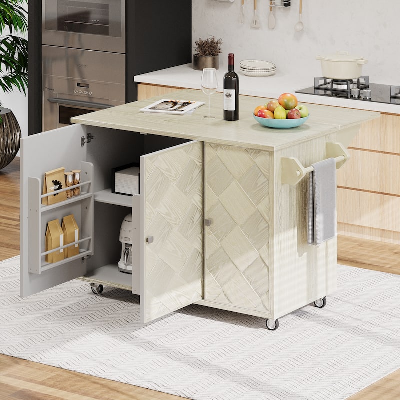 Modern 51.2" Kitchen Island with Drop Leaf and Handwoven Ash Veneer Doors, Internal Storage Racks on Wheels