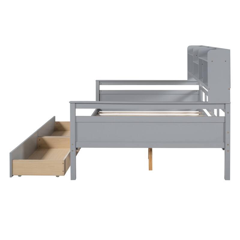 Twin/Full Size Daybed, Solid Wood Platform Sofa Bed Frame with Built In Bookshelves and Two Drawers