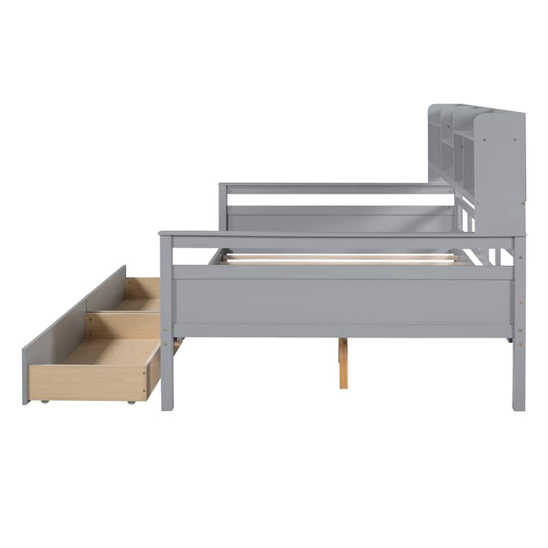 Wood Daybed with 2 Drawers and Bedside Shelf