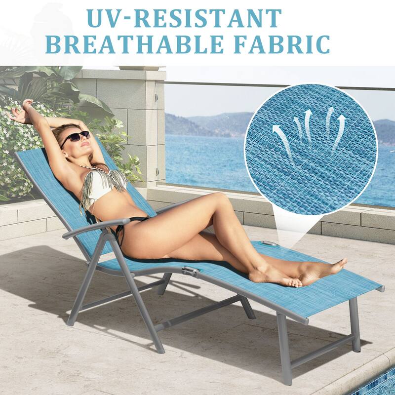 VredHom Outdoor Portable Folding Chaise Lounge Chair with Table (Set of 3) - 70" L x 20" W x 14" H