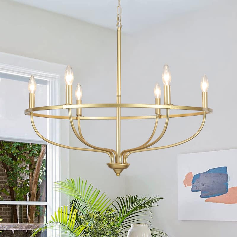 6-Light Wagon Wheel Chandelier, Traditional Metal Ceiling Light for Living Room Kitchen Island Dining Foyer - W28.34"x H25.19" - Spray Gold