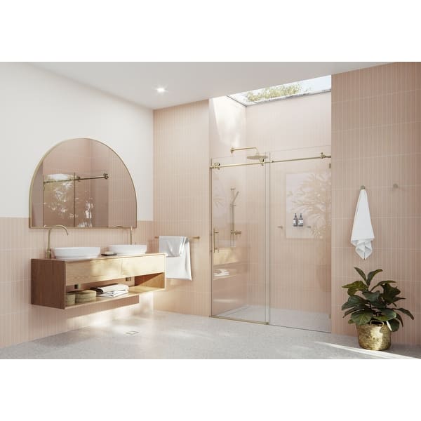 slide 2 of 40, Glass Warehouse 56 in. - 60 in. x 78 in. Frameless Sliding Shower Door Satin Brass