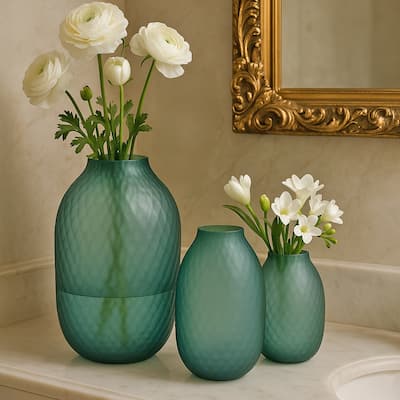 Set of 3 Decorative Handmade Glass Flower Vase in Blue