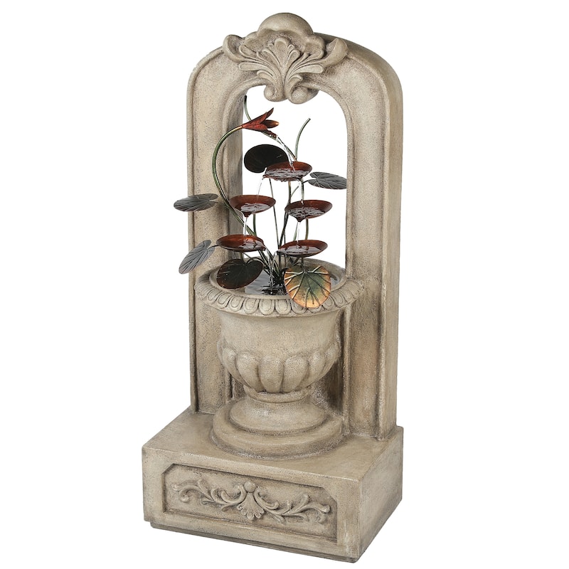 Arched 40.35-Inch H Cement Urn with Metal Flowers Outdoor Fountain - 40.35" Hx 18.11" W x 11.42" D