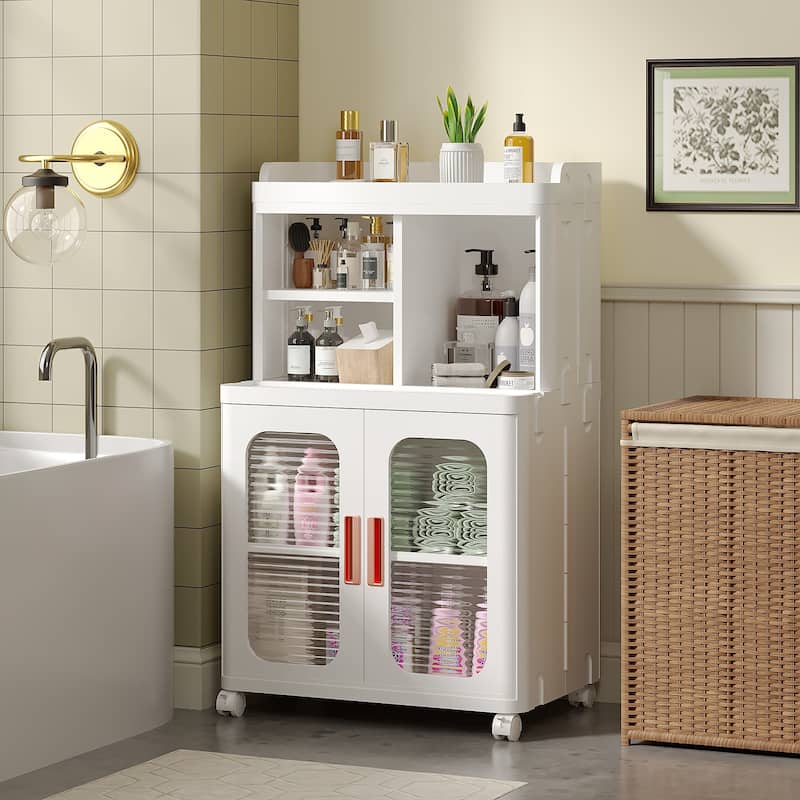 VECELO White Plastic Storage Cabinet with Wheels and Transparent Doors No Tools Assembly Required Multi-Purpose Organizer