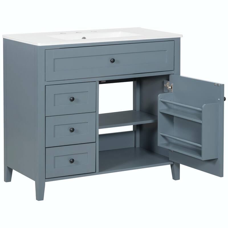 Bathroom Vanity with Sink, Modern MDF and Rubberwood Cabinet with 3 Drawers and Adjustable Shelf