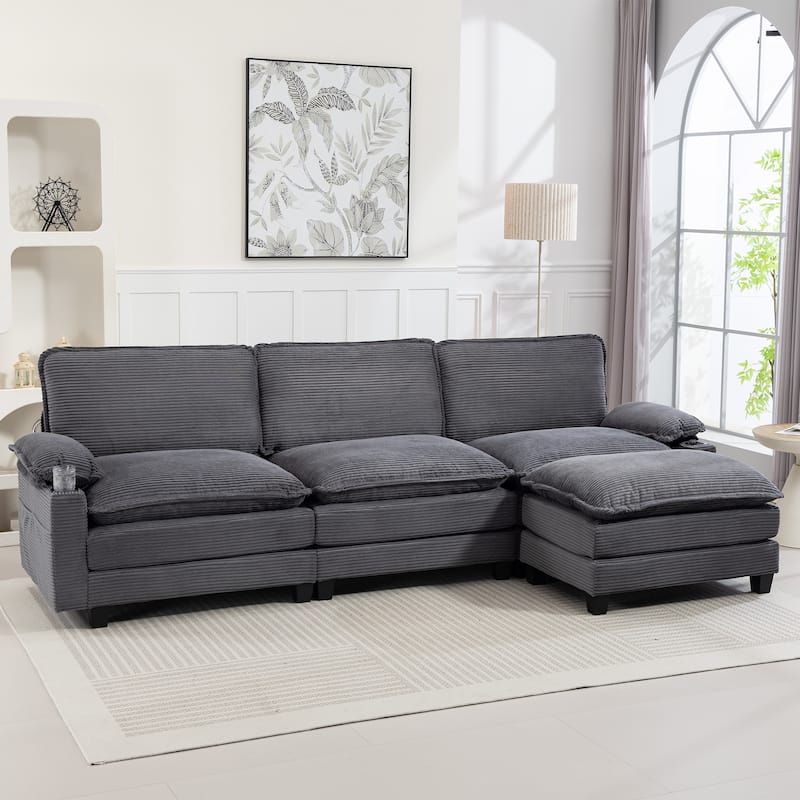 113" L Shaped Sectional Sofa, Deep Seat Cloud Couch with Ottoman, Oversized Corduroy Couch with Cup Holders, Storage Bags
