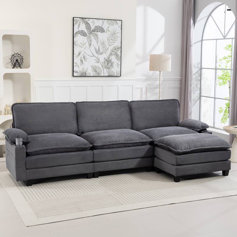 L-Shaped Modular Sectional Sofa with Ottoman, Oversized Corduroy Upholstered Cloud Couch with Cup Holders & Side Pockets