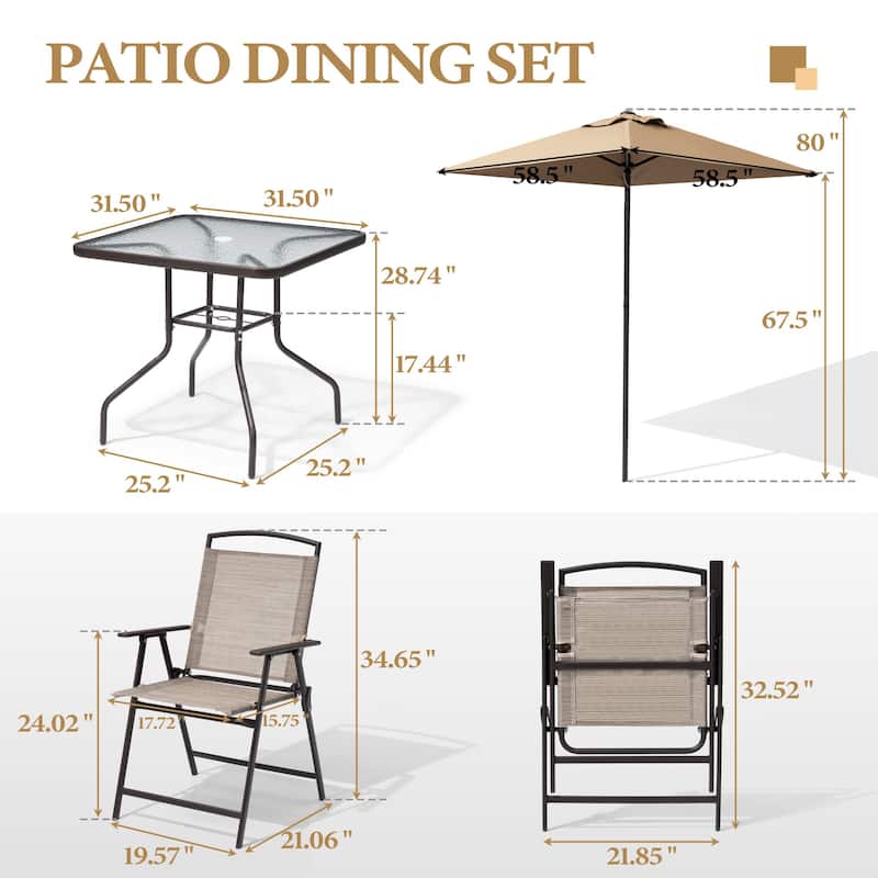 6 PCS Outdoor Patio Dining Set with 4 Folding Chairs, Glass Table Umbrella without Base - See the details