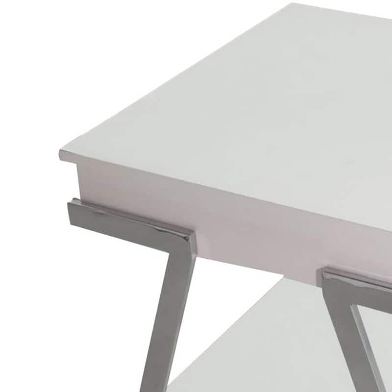 26 in. White and Chrome Rectangle Metal End Table with Angled Legs