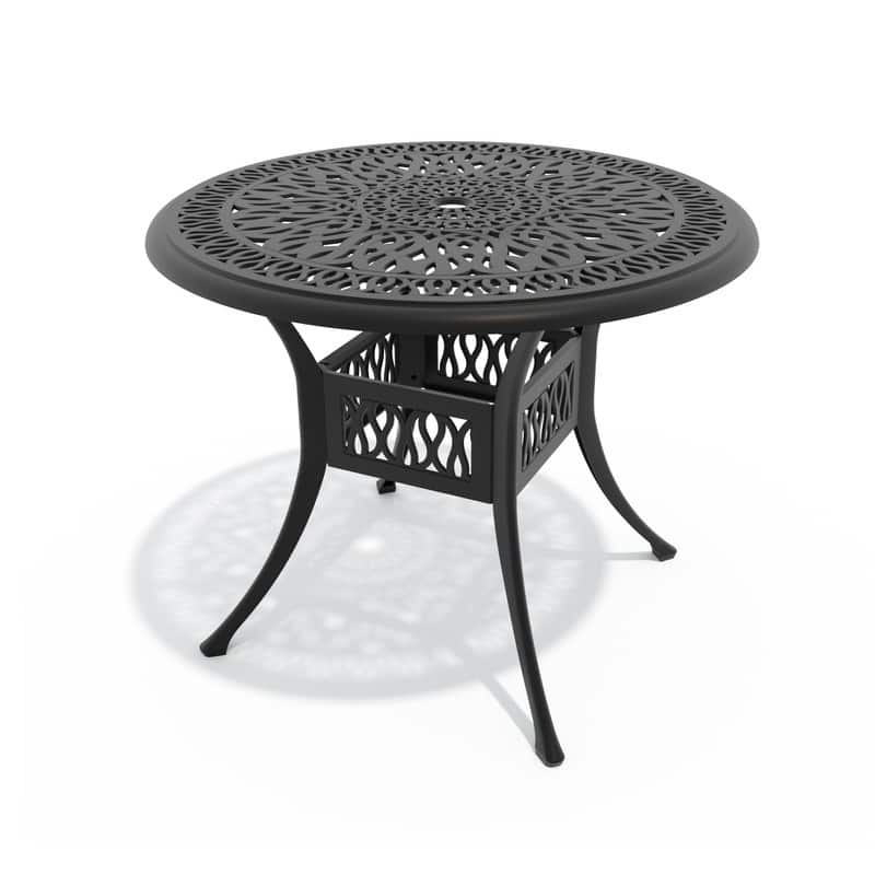 35.43-inch Outdoor Patio Round Cast Aluminum Dining Table with Umbrella Hole for 4 Person