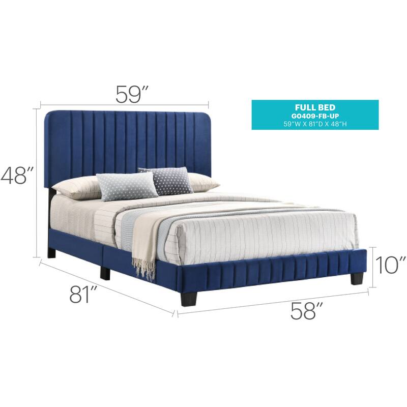 Modern Navy Blue Full Bed with Velvet Upholstery and Wooden Legs
