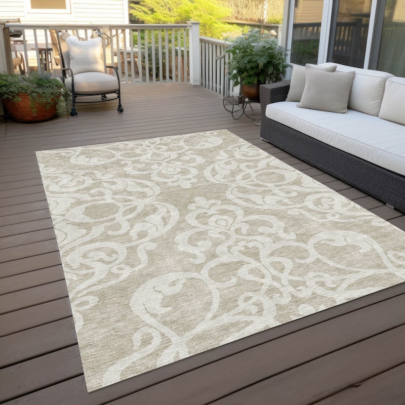 Machine Washable Indoor/ Outdoor Damask Glam Chantille Rug - Beige - 5' x 7'6"