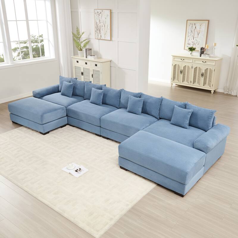 Roomfitters 130 Inch Modular Sectional Couch, Oversized Corduroy 3-Seater with Deep Seats, Blue