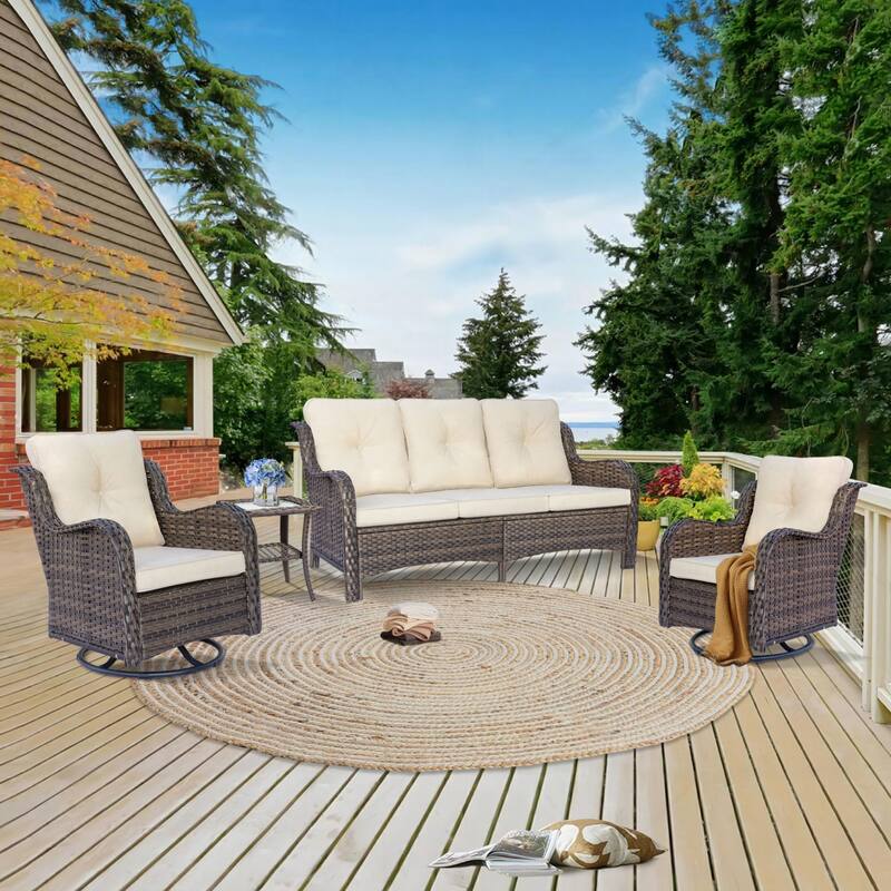 Outdoor Wicker Patio Conversation Seating Sofa Sets with Swivel Chairs - 4 Piece - Cream/Brown Wicker