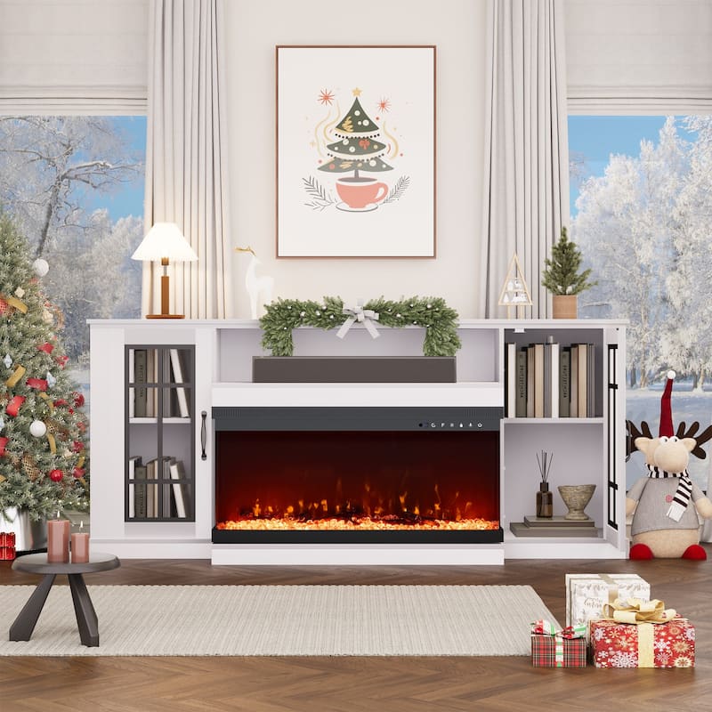 70" Fireplace TV Stand with 3-Sided Glass, ETL Certified, 12 Flame Colors, Realistic Ember Bed, Accommodates TVs up to 80"