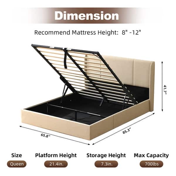 dimension image slide 0 of 17, Modern Minimalist Upholstered Storage Bed with Lift-Up Platform