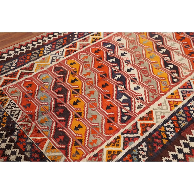 Vegetable Dye Kilim Qashqai Persian Vintage Rug Hand-Woven Wool Carpet - 5'1"x 8'8"