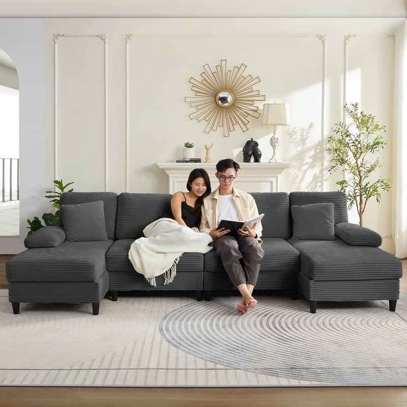 Mixoy W112inch Upholstered 5-Seater Sectional Sofa Couch,Corduroy Large U-Shaped Sofa with Double Chaises and Sleepable Armrests