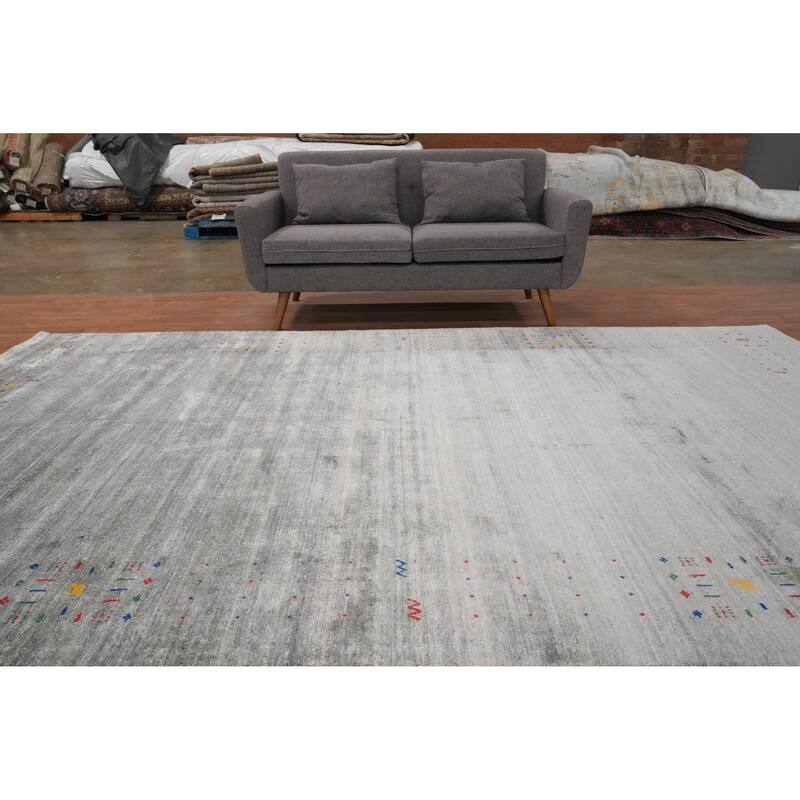 Hand Knotted Oriental Viscose Silk Carpet Tribal Animal Pictorial Greys & Charcoal Gabbeh Area Rug - 11' 8'' X 7' 4''