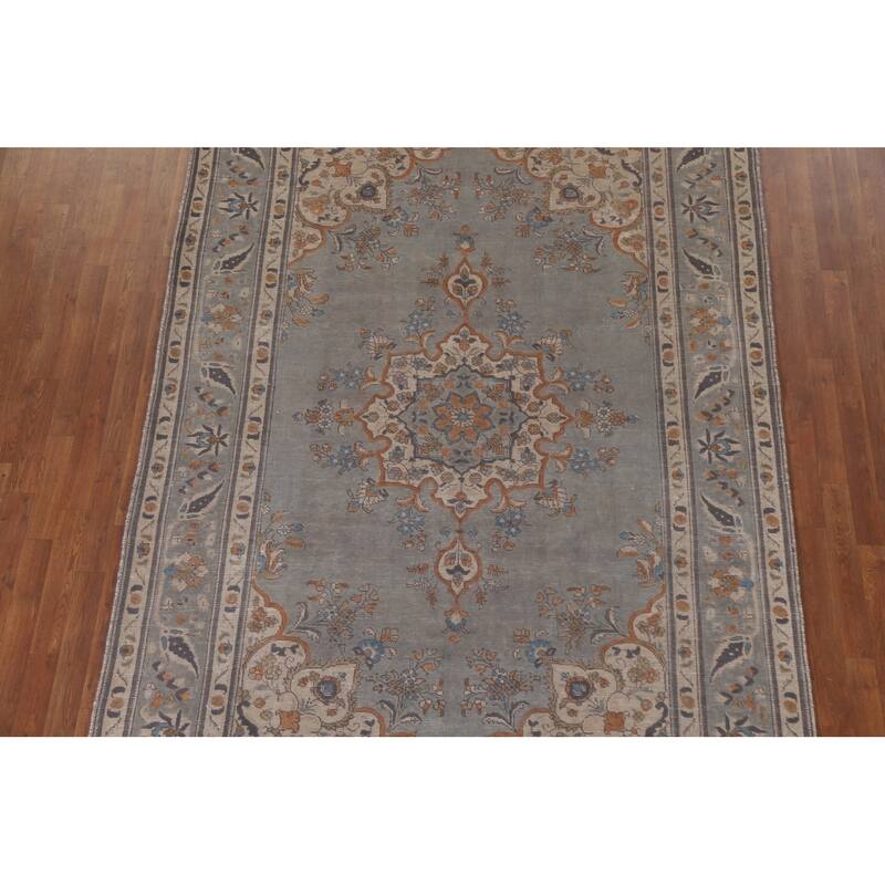 Hand Knotted Oriental 100% Wool Carpet Traditional Medallion Greys & Charcoal Tabriz Area Rug - 9' 7'' X 6' 8''
