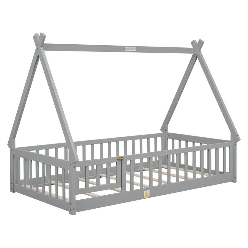 Grey Twin Size Pine Wood Tent-shaped Floor Bed, with Guardrails, Slats and Door for Kids, Boys and Girls