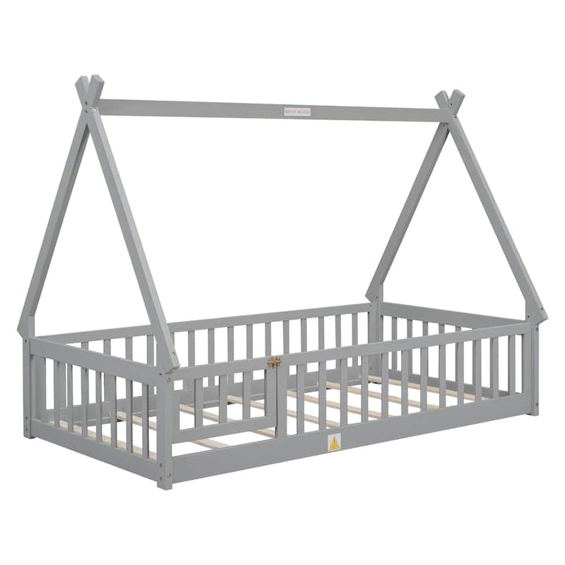 Grey Twin Size Pine Wood Tent-shaped Floor Bed for Kids