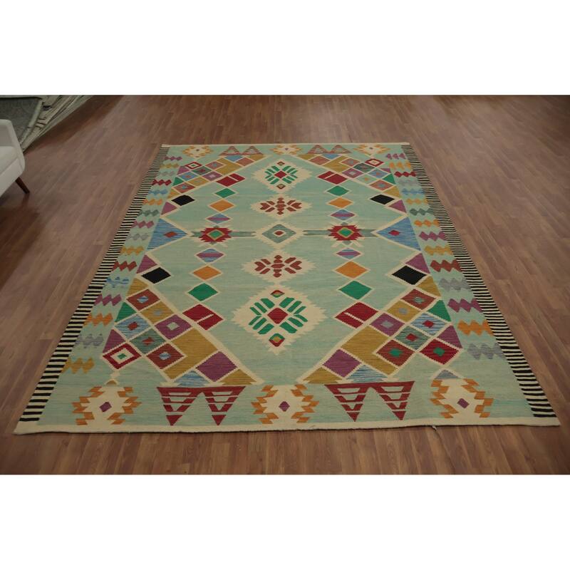 Hand Woven Oriental 100% Wool Carpet Southwestern Tribal Navy Blue & Blues Kilim Area Rug - 11' 8'' X 8' 6''