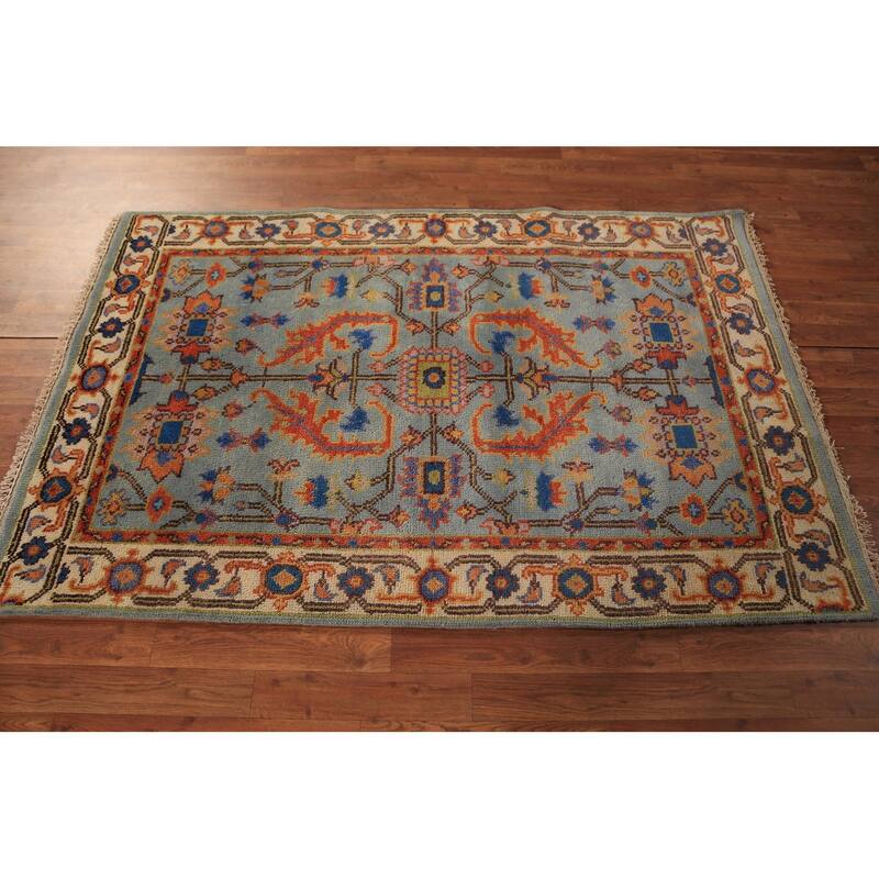 Floral Blue Oushak Oriental Rug Handmade Wool Carpet - 3'10"x 6'0"