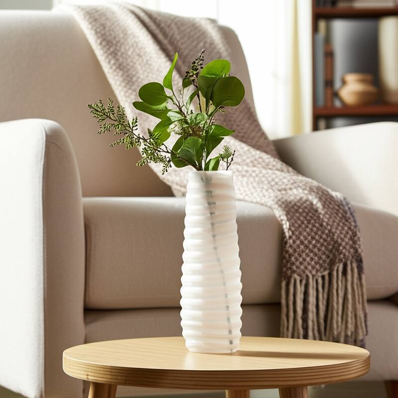 Glass Vase Carved Tall Ribbed Silhouette for Floral Arrangements - 6" x 6" x 17.75"