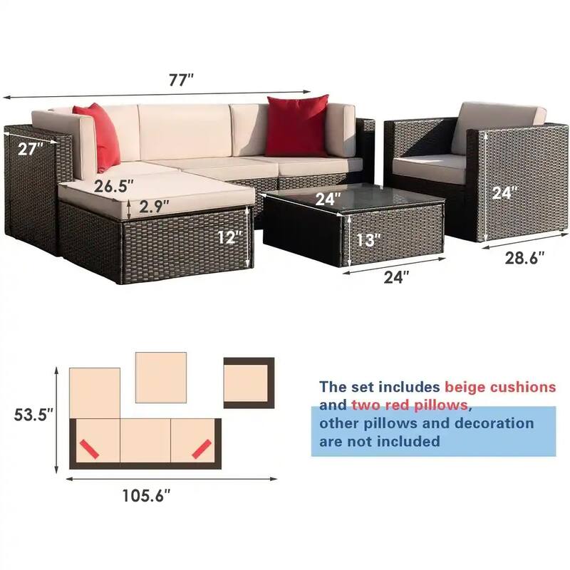 Homall 6-piece Patio Furniture Set Cushioned PE Rattan Outdoor Sectional Sofa Conversation Set