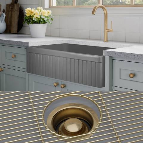 Fossil Blu 33-Inch SOLID Fireclay Farmhouse Sink, Matte Gray, Matte Gold Accessories, Fluted Front - 33 x 20 x 10