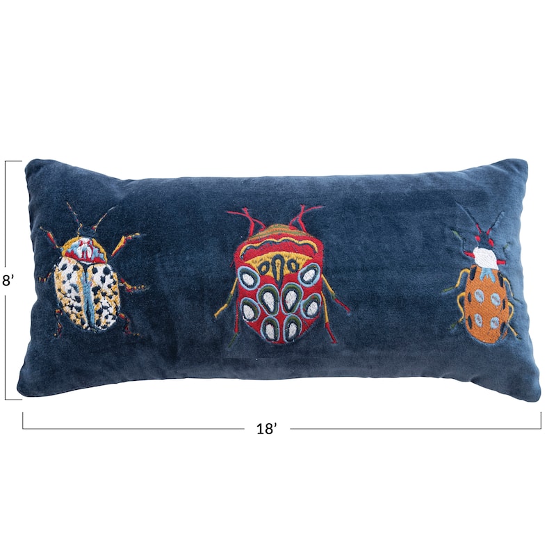 Cotton Velvet Lumbar Pillow with Beetle Embroidery - 18.0"L x 8.0"W x 2.0"H