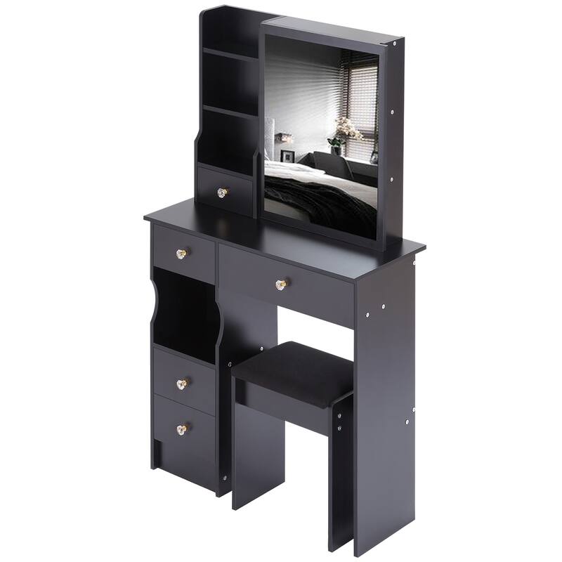 Vanity Desk with Sliding Mirror, Makeup Table with Drawer and Multi Layer Storage Rack, Vanity Set with Cushioned Stool