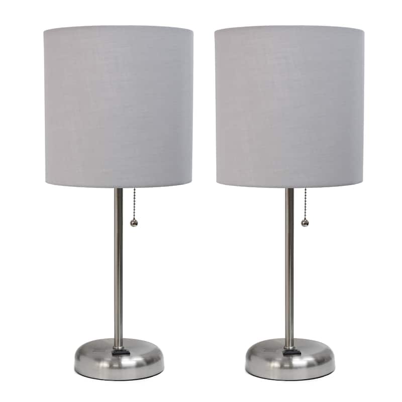 Simple Designs 19.5" 2 Pack Table Desk Lamp Set with Charging Outlet - 19.50 - Brushed Steel/Gray Shade